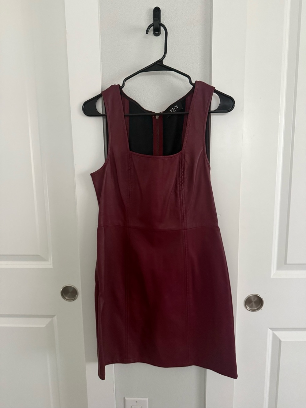 VICI Burgundy Faux-Leather Sleeveless Sheath Dress